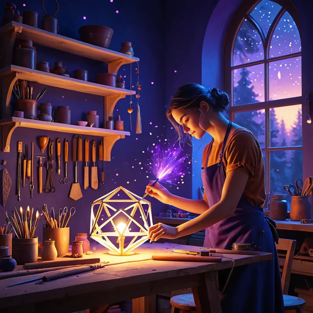 An artisan carefully crafting a luminous geometric sculpture in a cozy workshop, representing creative value